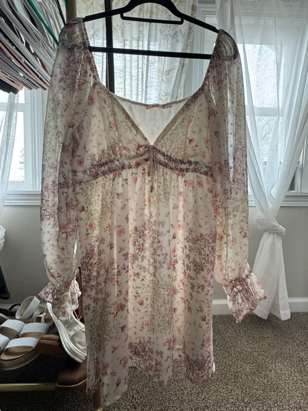 Mi Amore Floral Long Sleeve Ivory Pink Mini Dress